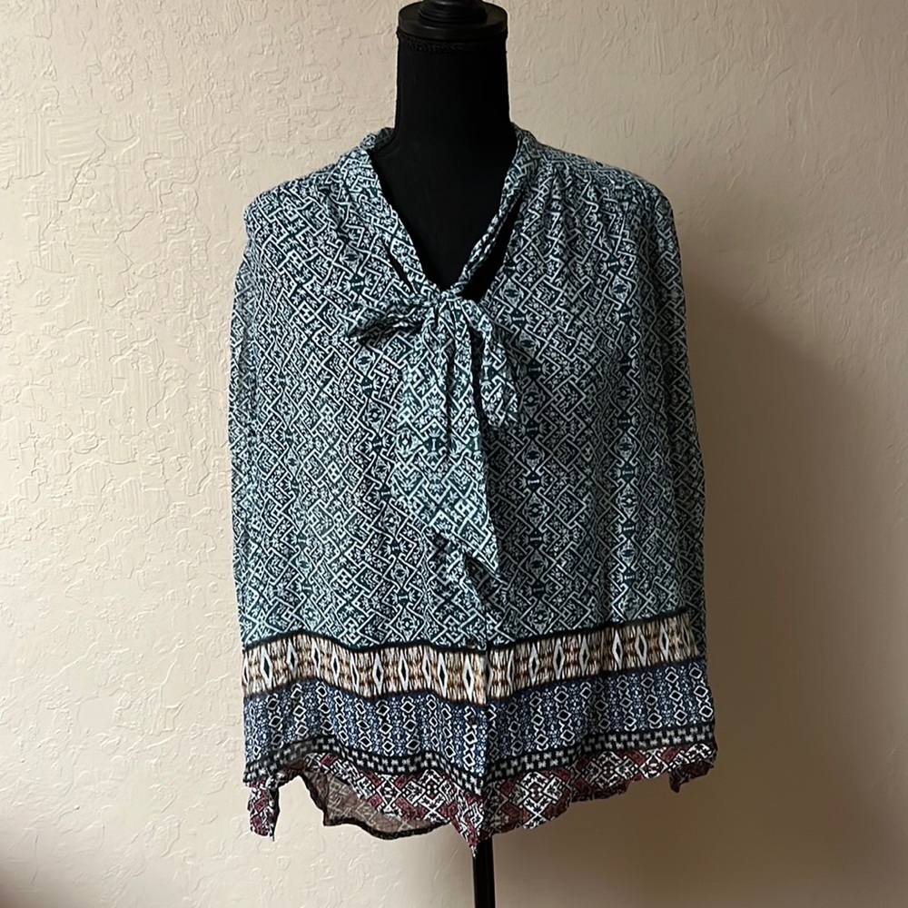 William Rast Blue Patterned Tie-Neck Blouse